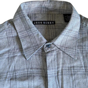 John‎ Henry Shirt Mens Large Gray Plaid Viscose Rayon Long Sleeve Button Front
